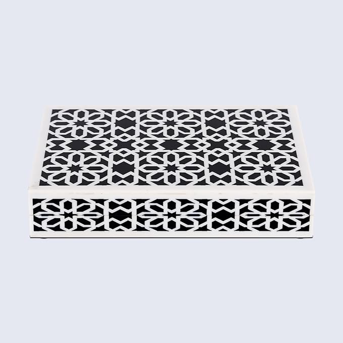 Handicrafts Home Decorative Storage Box with Lid, Black White Islamic Floral Geometry Remote Control Box, Slim Persian Mosaic Storage Box for Shelf, Desk & Living Room Decor, Shiraz 8 x 6 x 1.5