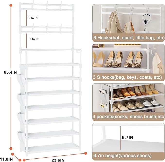 OYREL Shoe Rack 7 Tier Shoe Organizer Storage 21-28 Pairs | Closet Shoes Rack for Front Door Entrance Shoe Rack Organizer with Hooks Side Pocket Entryway Large Capacity Shoe Shelf Tower