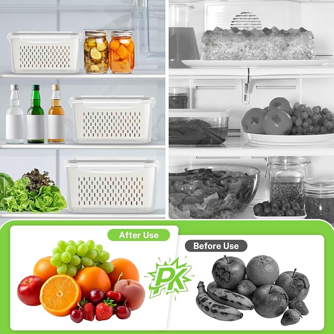 4Pack Fruit Storage Container for Fridge with Removable Colander and Vent | 8 Pieces BPA Free Kitchen Refrigerator Organizers Plastic Fruit Containers for Fridge for Fruit Berry Salad Lettuce