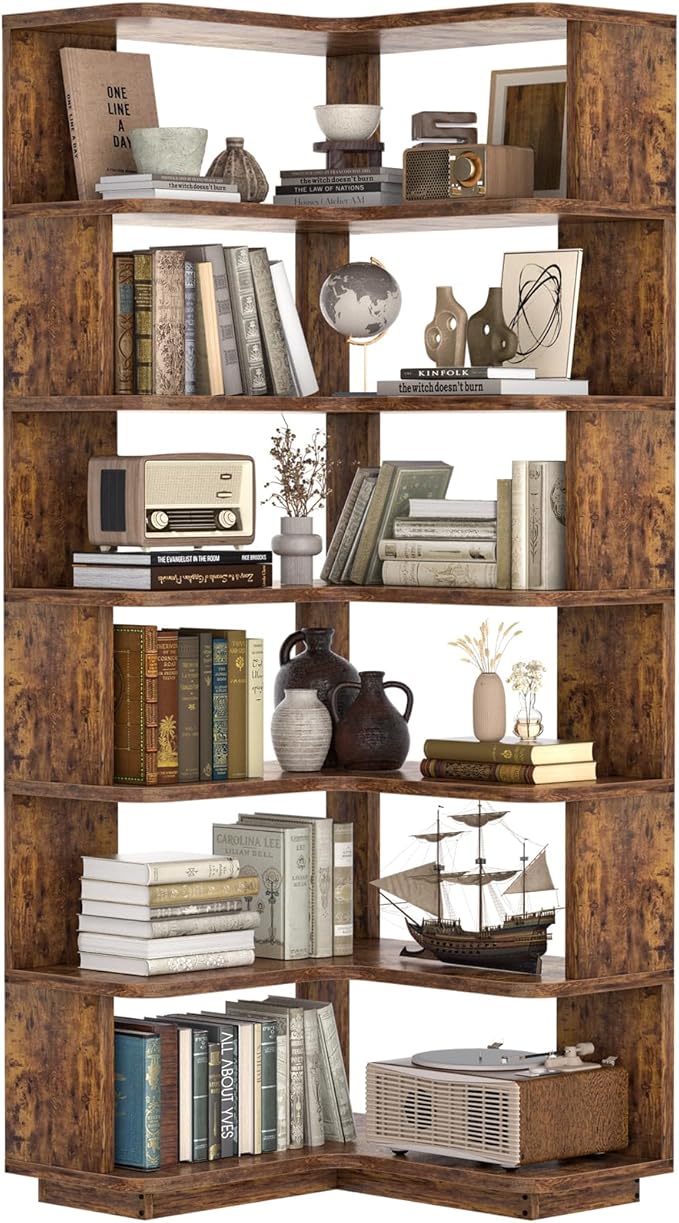 Besiost Corner Book Shelf, 7-Shelf Corner Bookshelf for Small Corner Spaces, L-Shape Bookcase Corner Display Shelf for Home Office, Living Room, Bedroom, Kitchen Pantry, Rustic Brown