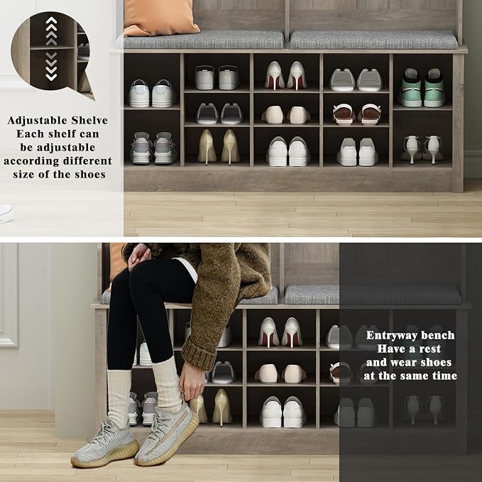 Wodeer Hall Tree with Bench and Shoe Storage, 53" Farmhouse 4-in-1 Mudroom Storage Organizer with Coat Rack, 6 Hooks, 12 Shoe Cubbies, Adjustable Shelf, for Entryway, Hallway, Living Room, Grey