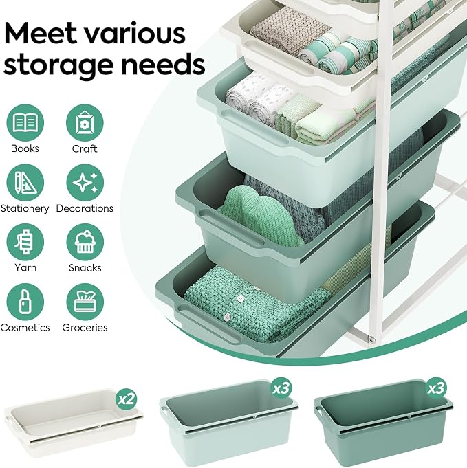 Slim Rolling Storage Cart with 5 Drawers, Craft Organizer, Wooden Tabletop Utility Cart for Bedroom, Children's Room and Office Organization, Table Side Trolley with Lockable Wheels, Green