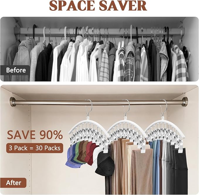 3 Pack Hat Hangers for Closet, Metal Hat Organizer for Baseball Caps | Hats Rack Holder for Closet with 30 Clips, Hats Storage for Baseball Caps Beanie Accessories Men Women, White