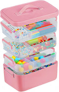 Gifhomfix 4-Layer Plastic Craft Organizers and Storage Box with Removable Trays, Storage Containers with lids and Handle, Art Supply Storage Organizer for Organizing Bead, Sewing, Tool（Pink）