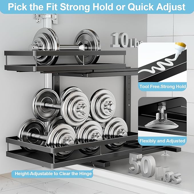 2 Pack Under Sink Organizers and Storage, Heavy Duty Metal Pull Out Cabinet Organizer with Ball-Bearing Slides, Height Adjustable L-Shaped Shelf for Kitchen & Bathroom (1-Pack)