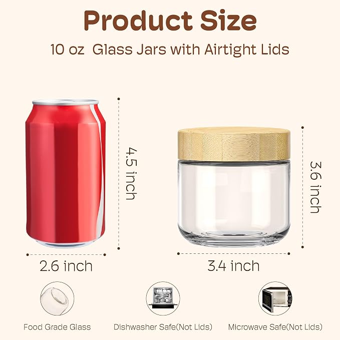 10 oz Overnight Oats Containers with Bamboo Lids, Glass Mason Jars 2 Pack | Airtight Seal Keeps Leakproof, Wide Mouth for Easy Filling & Cleaning, Ideal for Chia Pudding, Yogurt Parfaits & Meal Prep