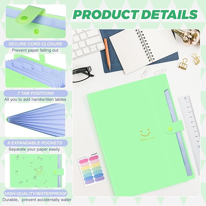 Expanding File Folder, 8 Pockets Accordion File Organizer, A4 Letter Size Paper Document Receipt Organizer Accordian Filing Folder for Classroom, Home, Office and Travel(Grass Green)