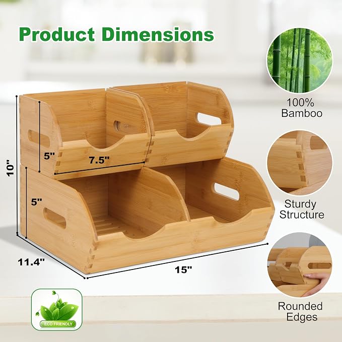 Bamboo Pantry Organizer Bins, Countertop Storage Container for Onion and Potato, Upgraded Airflow Design Keeps Fruits and Vegetables Fresh, Multi-Purpose for Kitchen, Snack Storage, Bathroom(3 Pack)