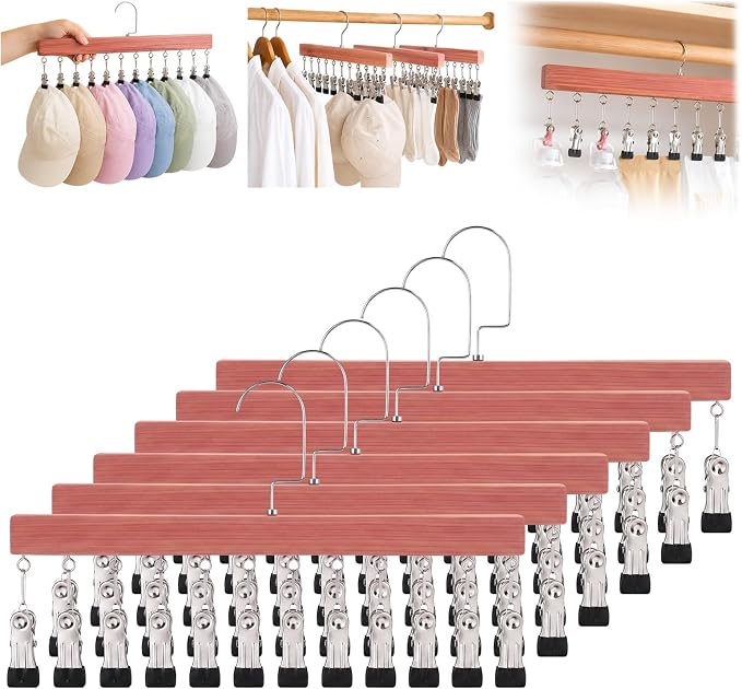 Novabright 6 Pack Cedar Hangers with 12 Clips, 360° Rotating Multi Clip Hangers for Closet, Wooden Hanging Space Saving Organizer for Leggings Pants Jeans Socks Hats Scarves Bras Accessories