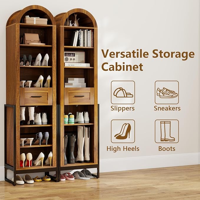 YU YUSING 71" Tall Shoe Storage Cabinet, 8 Tiers Arched Shoe Rack Organizer with Drawer, Freestanding Shoe Closet Shelf with Open Storage for Closet, Entryway, Living Room