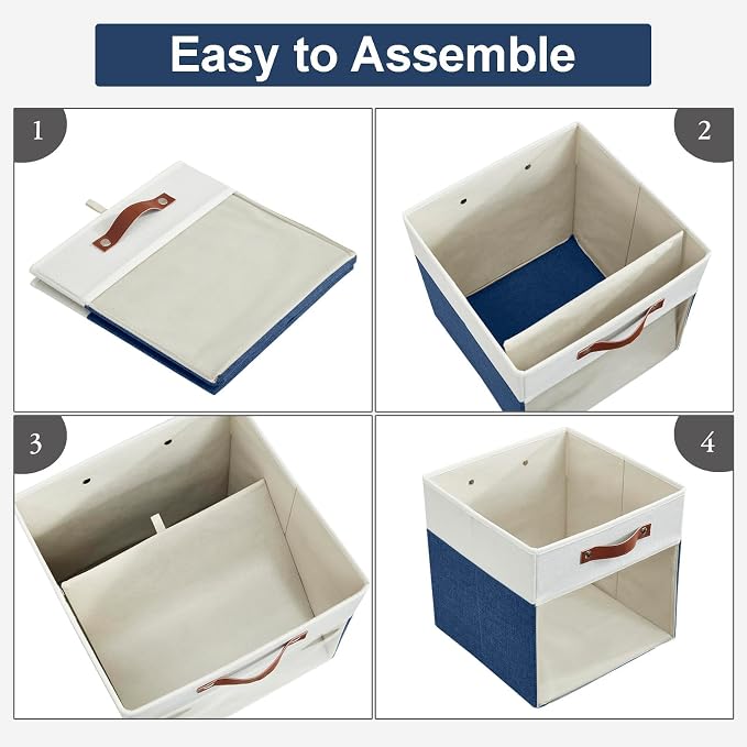 Bagnizer Storage Cubes, 4 Pack Linen Foldable Storage Bins with Clear Window and 2 Handles, 13x15x13 Storage Cube Bins for Shelf Closet, Kallax, Clothes, Books - (Navy Blue / Off-White)