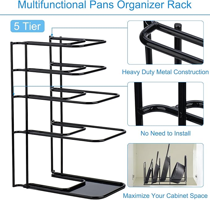Toplife 2 Pack Heavy Duty Pan Organizer, 5 Tier Pot and Pan Organizer Rack for Cast Iron Skillets, Griddles and Pots - Sturdy Steel Construction- No Assembly Required - Black