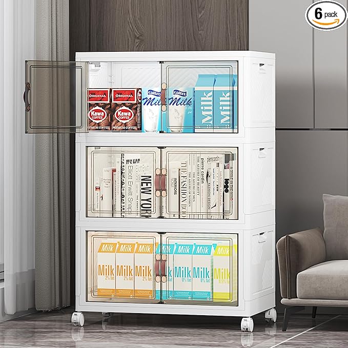 UAMFURI Stackable Storage Bins with Lids, Closet Organizers and Storage with Doors and Wheels, Extra Large Storage Cabinet for Bedroom Office Garage (White-55qt, 3Pack with 1 top lid)