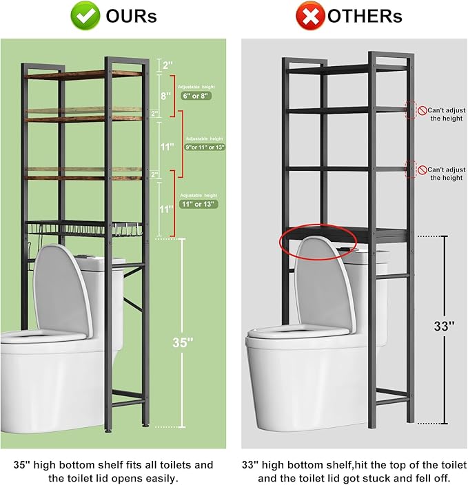 Kalrin Over-The-Toilet Storage Rack, 4-Tier Bathroom Organizer Shelf Over Toilet with Adjustable Shelf and Basket, Freestanding Space Saver Bathroom Shelves Above Toilet for Room (Vintage Brown)