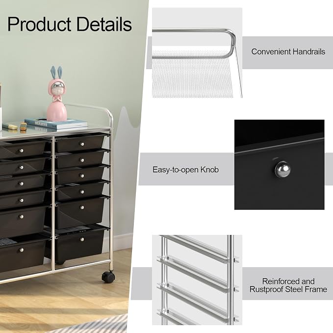 DREAMADE Rolling Cart with Storage Drawers, Utility Cart with Removable Plastic Drawers, Lockable Wheels, Art Cart for Classroom Organization Art Supplies Office Scrapbook (12 Drawers, Black)