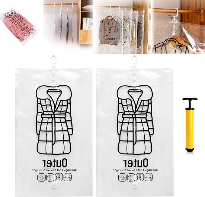 FETNHU Hanging Compressible Storage Bag, Hanging Vacuum Storage Bags with Pump, Reusable Space Saver Vacuum Storage Bags for Home Closet Organization Compression Seal (2PCS,L 67 x 110cm)