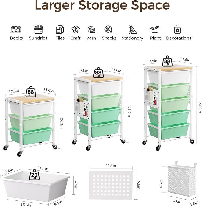 Rolling Cart with 4 Drawers, Plastic Drawer Storage Carts with Wheels & Wooden Tabletop, Metal Utility Cart with Pegboards, Office Living Room Classroom Craft Organization and Storage, Bright Green