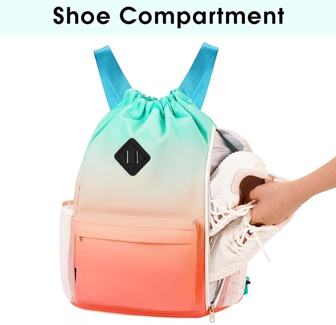 WANDF Drawstring Backpack with Shoe Compartment, Sports Gym Bag | Multi-Pocket Storage, Water-Resistant Fabric, Cinch String Bag