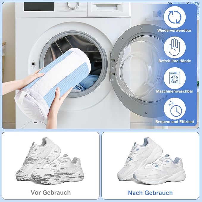 Dntorx 2 PCS Shoe Washing Machine Bags for Washer and Dryer, Blue + White | Reusable Laundry Shoe Bag, Hands Free, Hidden Self-locking Zipper, 360° Deep Cleaning, For Sneakers and All Shoes Types