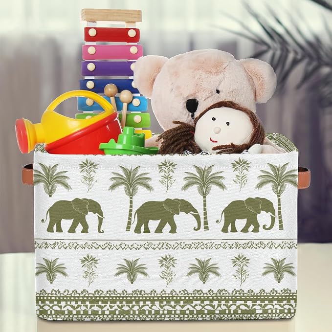 Rectangular Storage Baskets Elephant Palm Tree Fabric Storage Bin Toy Organizer Box with PU Leather Handles for Room Decor