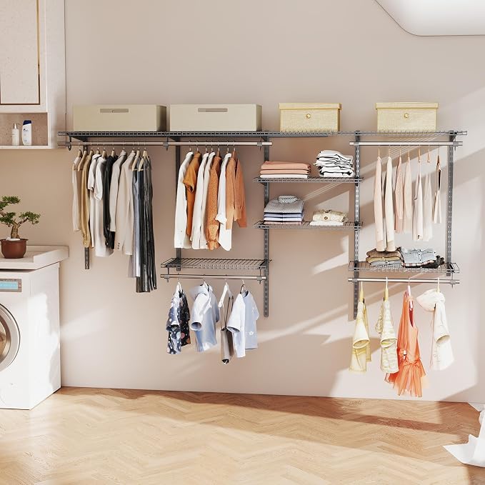 Giantex Closet Organizer System, Wall-mounted Custom Closet Kit w/Adjustable Storage Shelves, Wardrobe Clothes Rack w/Hanging Rods, Perfect for Coats, Pillows, Blanket (Gray, 98.5"x13.5"x48)