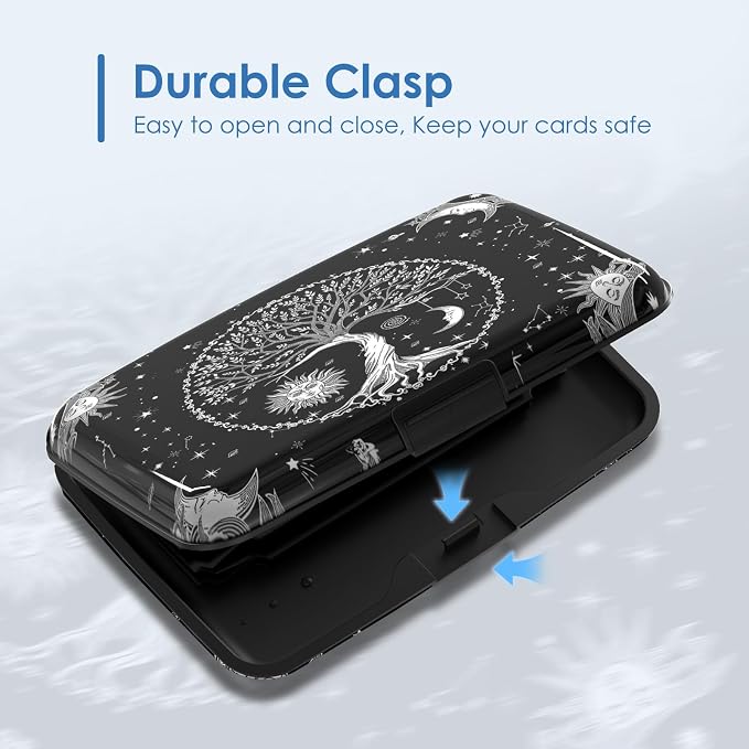 Small Credit Card Holder, RFID Blocking Slim Wallet Business Metal Aluminum Hard Case for Women Men, Cool Star Moon Tree