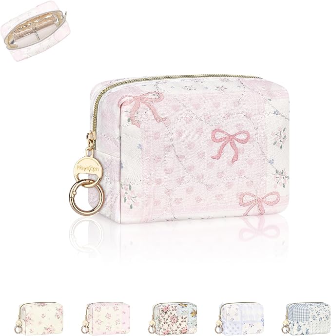 Quilted Mini Makeup Bag, Cute Small Cosmetic Bag for Purse, H-Pink | Floral Travel Makeup Pouch, Make Up Pouch for Women, Purse Organizer Pouches for Travel/ Gym/ Daily Use, Perfect Gifts