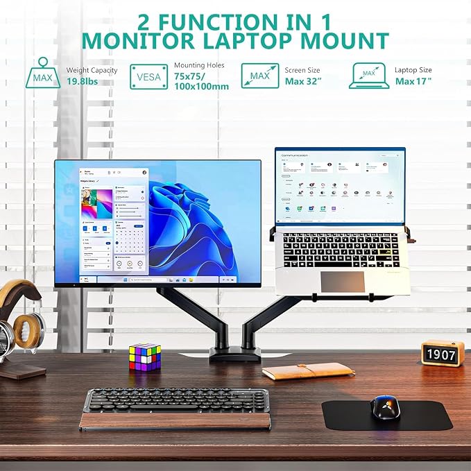 WALI Laptop Desk Mount, Dual Monitor Arm with Laptop Holder, Adjustable Height Laptop Arm Mount for Desk, Fits 17” Notebook and 32” Monitors, Up to 22Lbs (GSMP002LP), Black