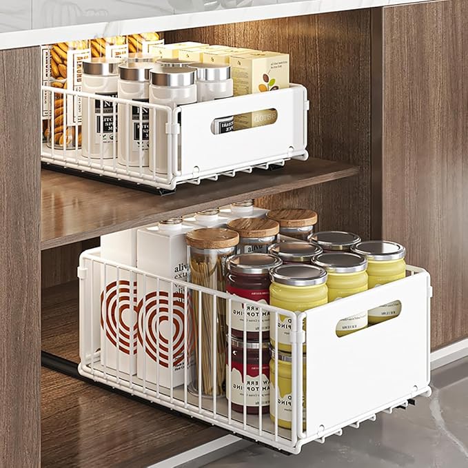YunNasi Pull Out Cabinet Organizer Slide Out Drawer Storage Shelves Cupboard Organiser Sliding Cabinet Basket for Kitchen No Drilling and Nailing (White, 2Piece 9.8" W X 15" D X 3.9" H)