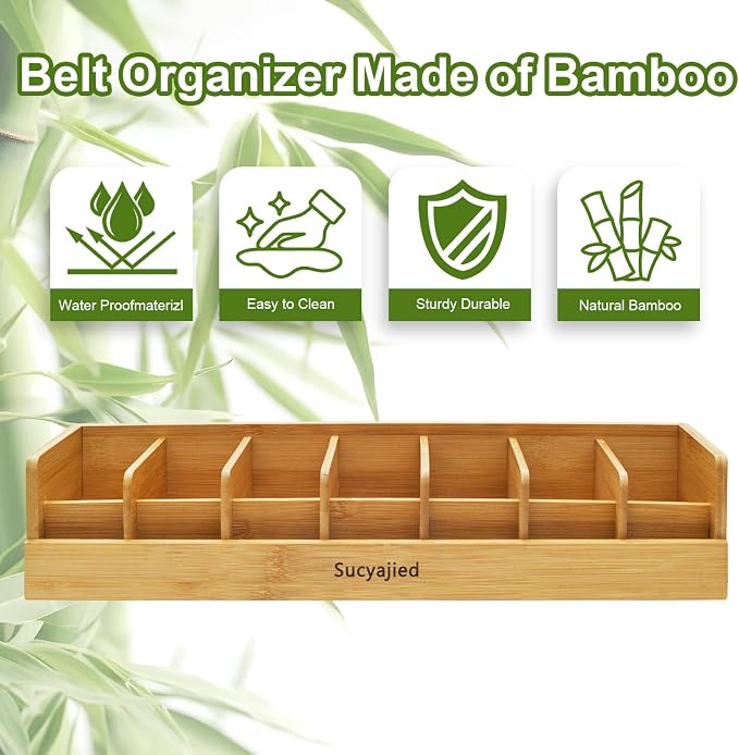Belt Organizer,Wooden, 7 Compartments | Natural Bamboo Belt Storage Box, For Closet and Drawer, Belt Holder Case, For Belt and Tie , For Men & Women
