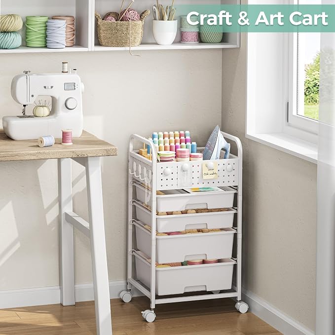 4 Drawer Rolling Storage Cart with Pegboard Top and Hooks, Mobile Organizer Cart with Wheels for Office Supplies, Craft Storage, Classroom Organization, Home Utility Cart, White