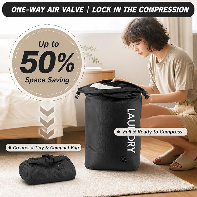 Compression Travel Laundry Bag for Dirty Clothes, Pump-Free Laundry Bag for Suitcase & Dorm, Waterproof Wet Dry Clothes Organizer, Large Capacity Space Saving Travel Bag (1 Pcs) Black