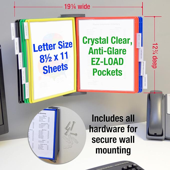Ultimate Office AdjustaView FastFind 10-Pocket Wall Mounted Reference Display Organizer with Assorted Colored EZ Load Pockets to Display 20 Sheets of Your Most Important Letter Sized Documents