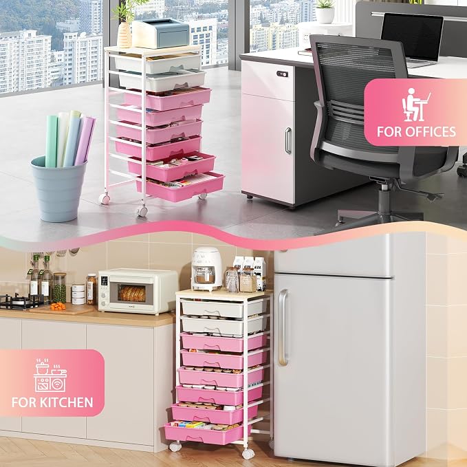 Goovilla Rolling Cart with Drawers, Utility Cart Organizer with 8 Removable Drawers and Wooden Tabletop, Lockable Rolling Storage Organizer for Art, Classroom, Home, Dorm, Office, Craft Storage, Pink
