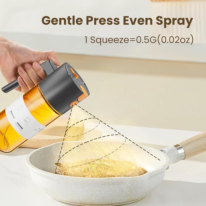 LAKUMIQI 2 in 1 Oil Sprayer & Dispenser, 17 oz Light-Blocking Glass Bottle | Large Capacity, Wide-Mouth for Easy Pouring and Cleaning, Leak-Proof Oil Bottle with Stickers for Salads, Air Fryers, BBQ