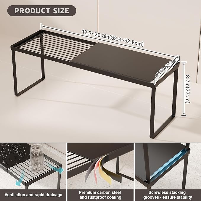 Magheo Expandable Kitchen Countertop Organizer, 2 Pack Stackable Cabinet Shelf Risers, Metal Spice Rack Heavy Duty Counter Organizer Storage for Kitchen, Pantry, Cupboard, Rv (8.7in Height,Black)