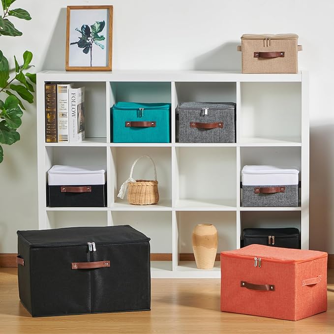 Storage Bins with Zipper Lid Cotton Linen Fabric Lidded Storage Baskets Boxes Foldable Washable Closet Shelf Clothes Organizer Container with PU Leather Handles (Teal Blue, Large)