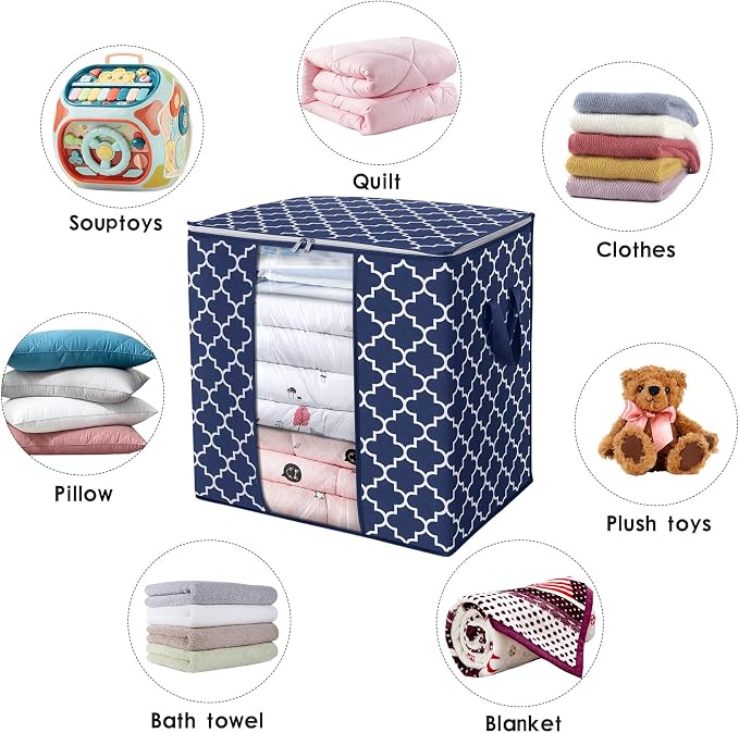 WISELIFE Storage Bags 3 Pack/100L Large Blanket Clothes Organization and Storage Containers for Comforters,Bedding, Foldable Organizer with Reinforced Handle, Clear Window, Sturdy Zippers,Blue