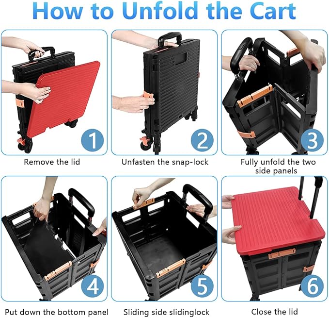 FELICON SELORSS Foldable Utility Cart Folding Portable Rolling Crate Handcart with Heavy Duty Telescoping Handle Collapsible 4 Rotate Wheels for Travel Shopping Move Luggage Office Use(Black+Red)