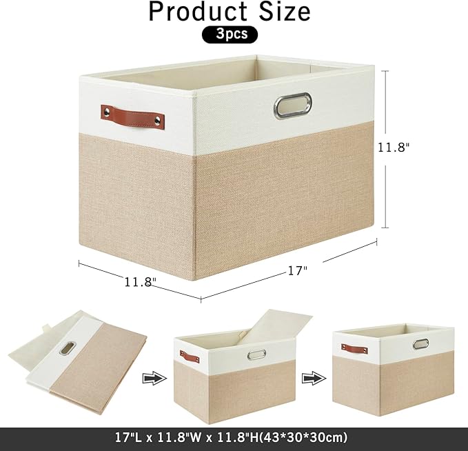 Bagnizer Large Collapsible Fabric Storage Bins with 3 Handles, Foldable Organizer Baskets for Closet, Shelves, Living Room | 3 Pack, Durable PU & Metal Handles (17"x11.8"x11.8", Beige & White)