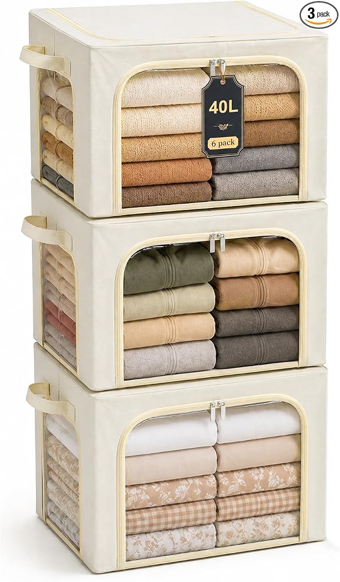 GoMaihe 3 Opening Clothes Storage Bins with Metal Frame, 40L Sweater Storage Organizer for Upper Shelf Closet Storage Boxes with Clear Window for Hoodies Jeans Towel 3-Pack Beige