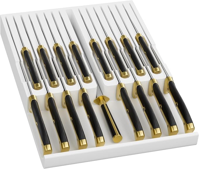 Domax Bamboo In-drawer Knife Block - Kitchen Knife Drawer Organizer Insert, Knife Holder without Knives Large, Drawer Knife Organizer Fits for 16 knives and 1 Sharpening Steel (Not Included), White