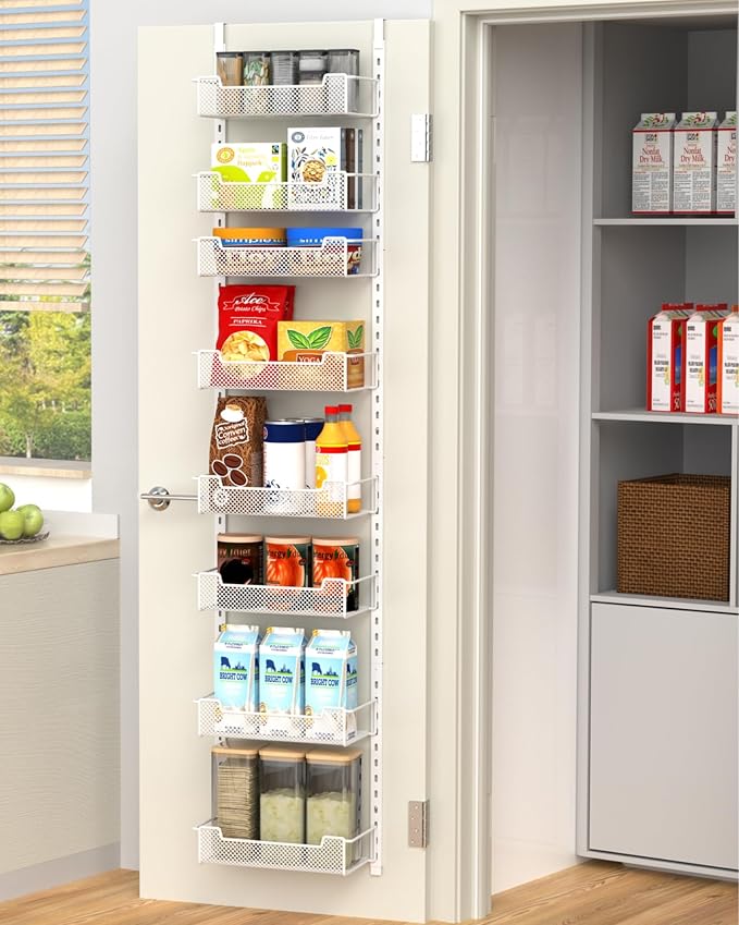 VyGrow 12.3" W Narrow Over the Door Pantry Organizer, 8-Tier Over the Door Organizer with Adjustable Basket, Pantry Door Organization for Pantry Kitchen Storage Room Spice Rack, White