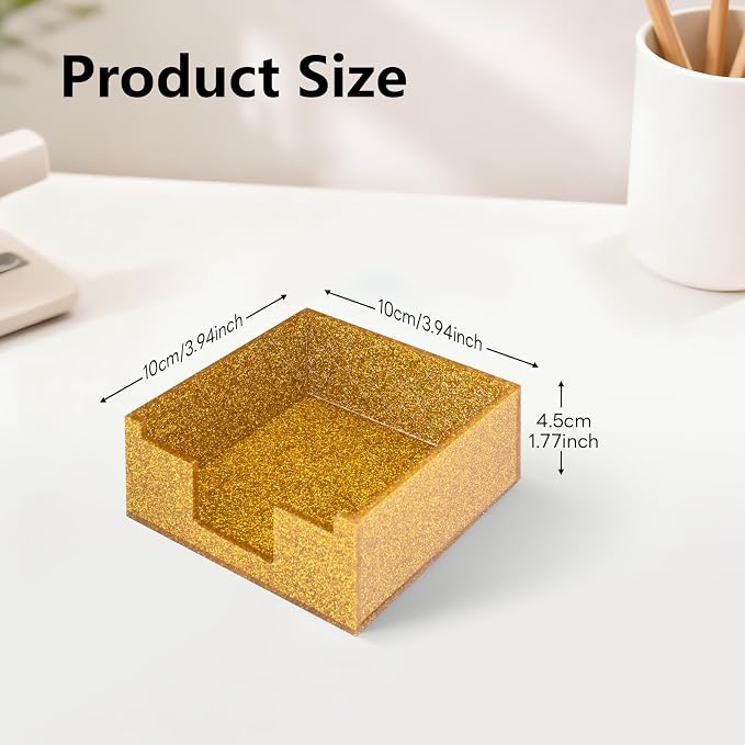Acrylic Sticky Note Holder 4x4in Tray for Desk, Gold Glitter | Sparkling glitter acrylic tray, fits 3x3 sticky notes, compact organizer for office school and home