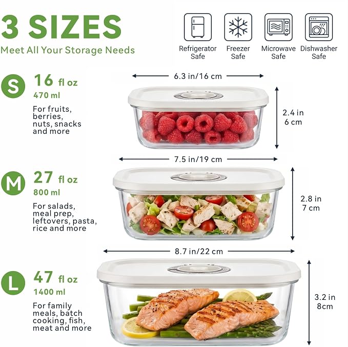 Glass Vacuum Seal Containers for Food Storage, 3 Sizes (16, 27, 47 fl oz), Airtight & Leak-Proof, BPA-Free, Keeps Food Fresh Longer, Ideal for Meal Prep, Compatible With Handheld Compact Vacuum Sealer