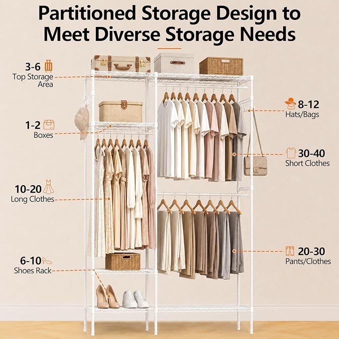 Heavy Duty Clothes Rack, Portable Clothing Garment Rack for Hanging Clothes, Adjustable Storage Closet with Wire Shelves and Hanging Rods, Freestanding Closet Organizer, Max Load 700Lbs, White