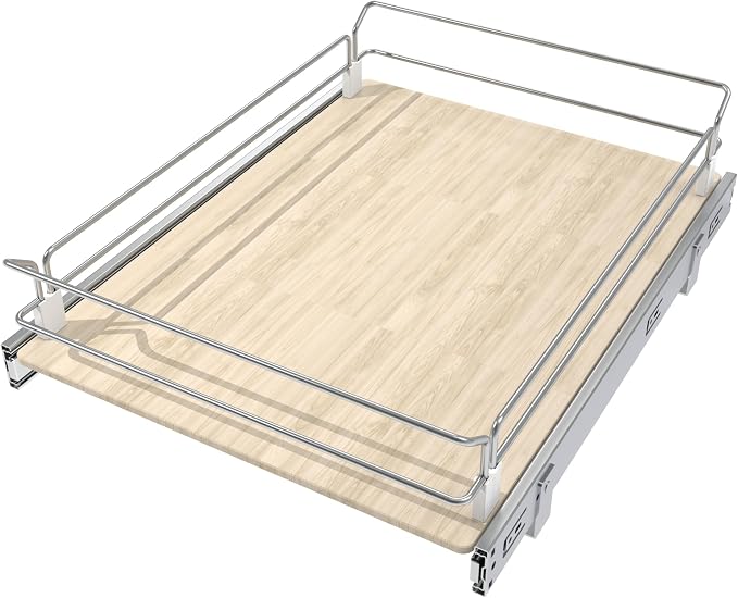 Pull Out Cabinet Organizer 17.45" W X 22" D, Wood & Chromed | Full Slide Out Drawers For Kitchen Cabinets, Cabinets Capacity Heavy Duty Caddy, Cabinet Pullout Shelves , Pantry Storage