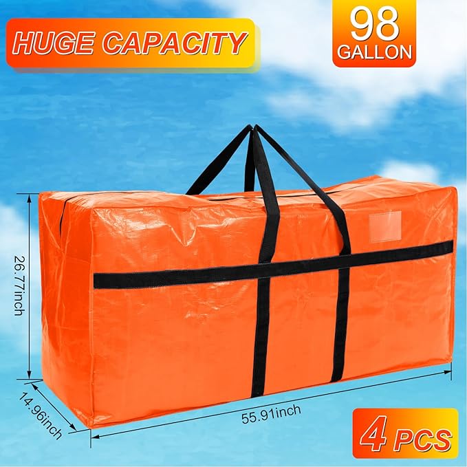 Windyun 4 Pack 98 Gallon Extra Large Moving Bags XXL Heavy Duty Storage Bag with Strong Zipper Handle Jumbo Big Tote Box Foldable for College Dorm Travel Clothes Duffle Blanket Pillow(Orange)