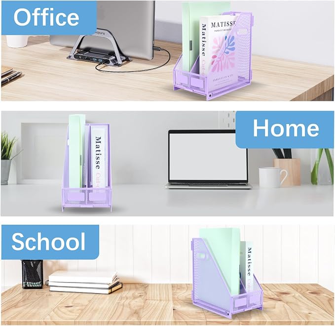 Desk Organizers Metal Magazine File Holder Racks Desktop Folder Storage Binder Organiser Document Organization for Home Office & Classroom,2 Vertical Compartments-Purple