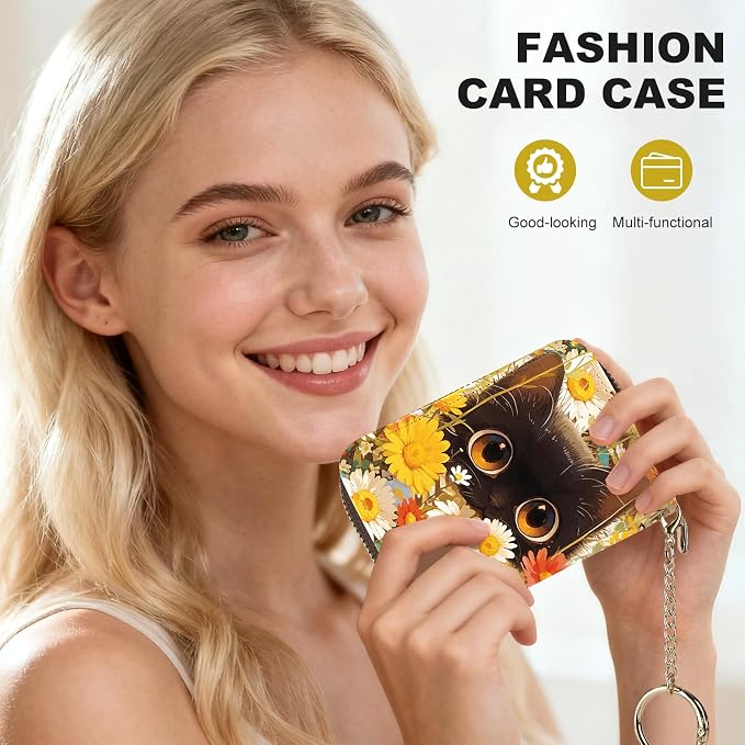 Credit Card Holder for Women,Small Rfid Wallet with Keychain Zipper,Cute PU Leather Card Case Wallet，Accordion Credit Card Wallets Gift,Flowers and Cats C